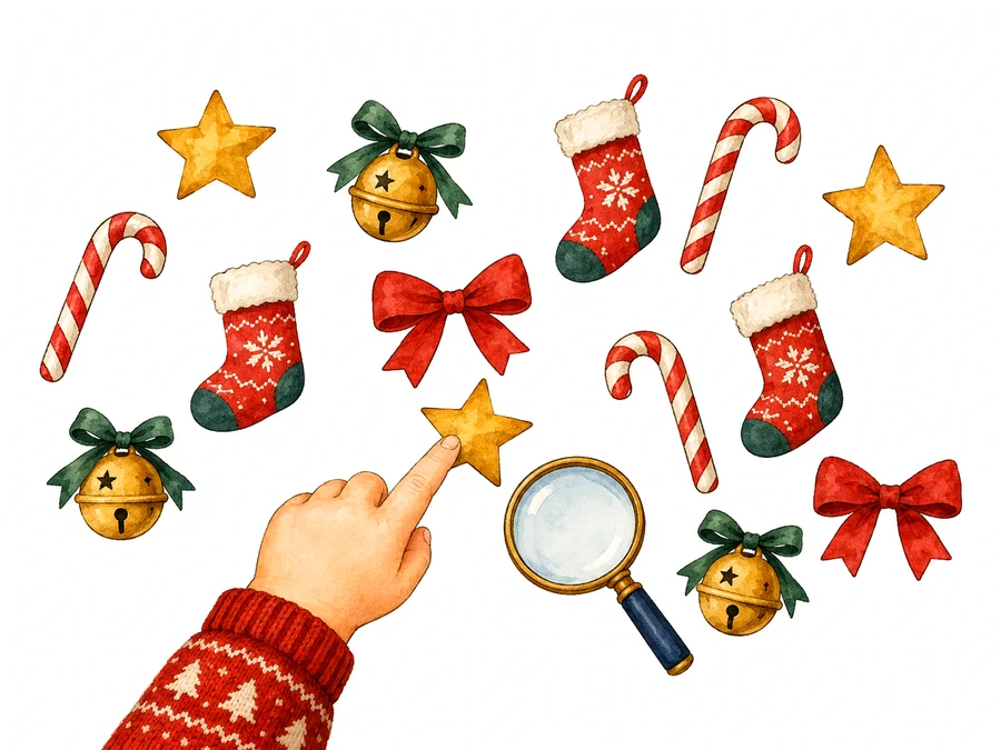 クリスマスの絵の中から、子どもの指が星を見つけている絵