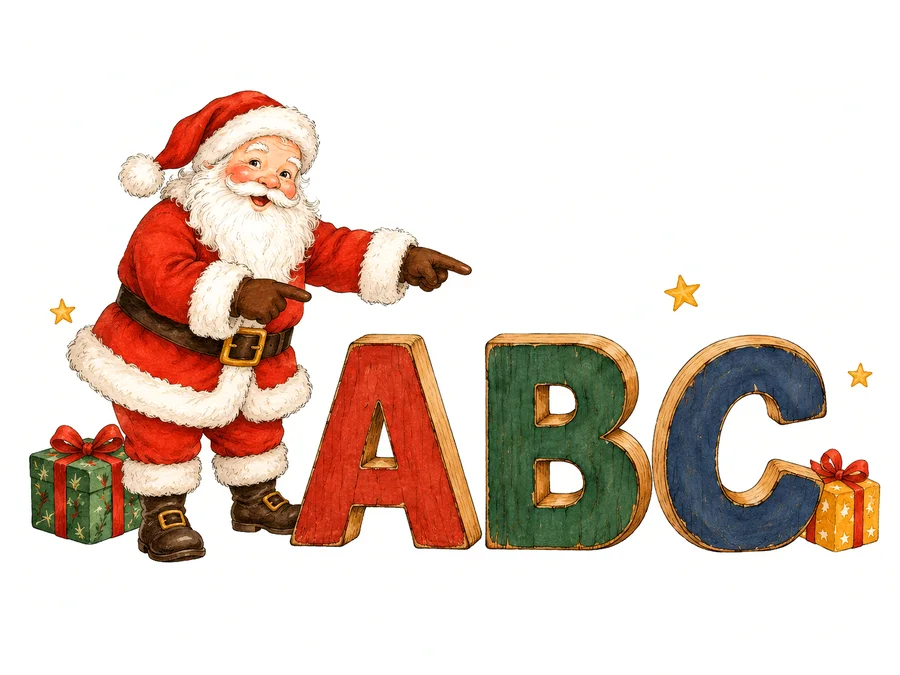 ABCの積み木をサンタさんが指さしている絵