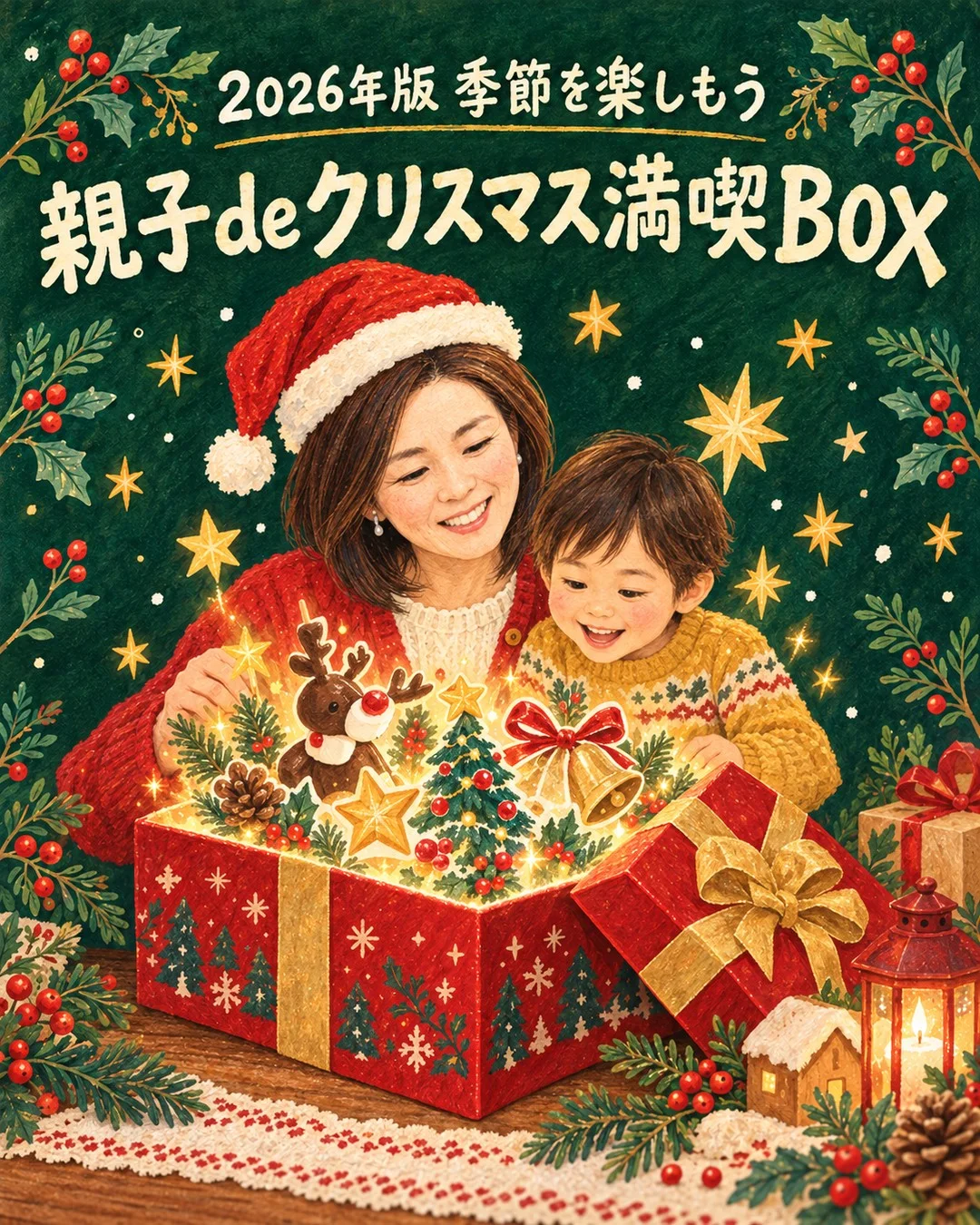 2026年版 季節を楽しもう 親子deクリスマス満喫BOX。トコさんと子どもがプレゼントボックスをのぞいて笑っている絵